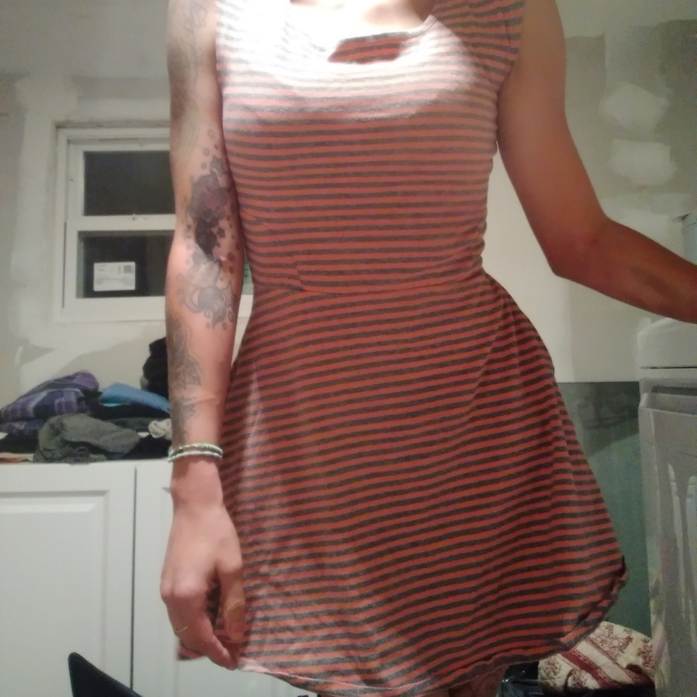 Gray and peach cotton striped dress